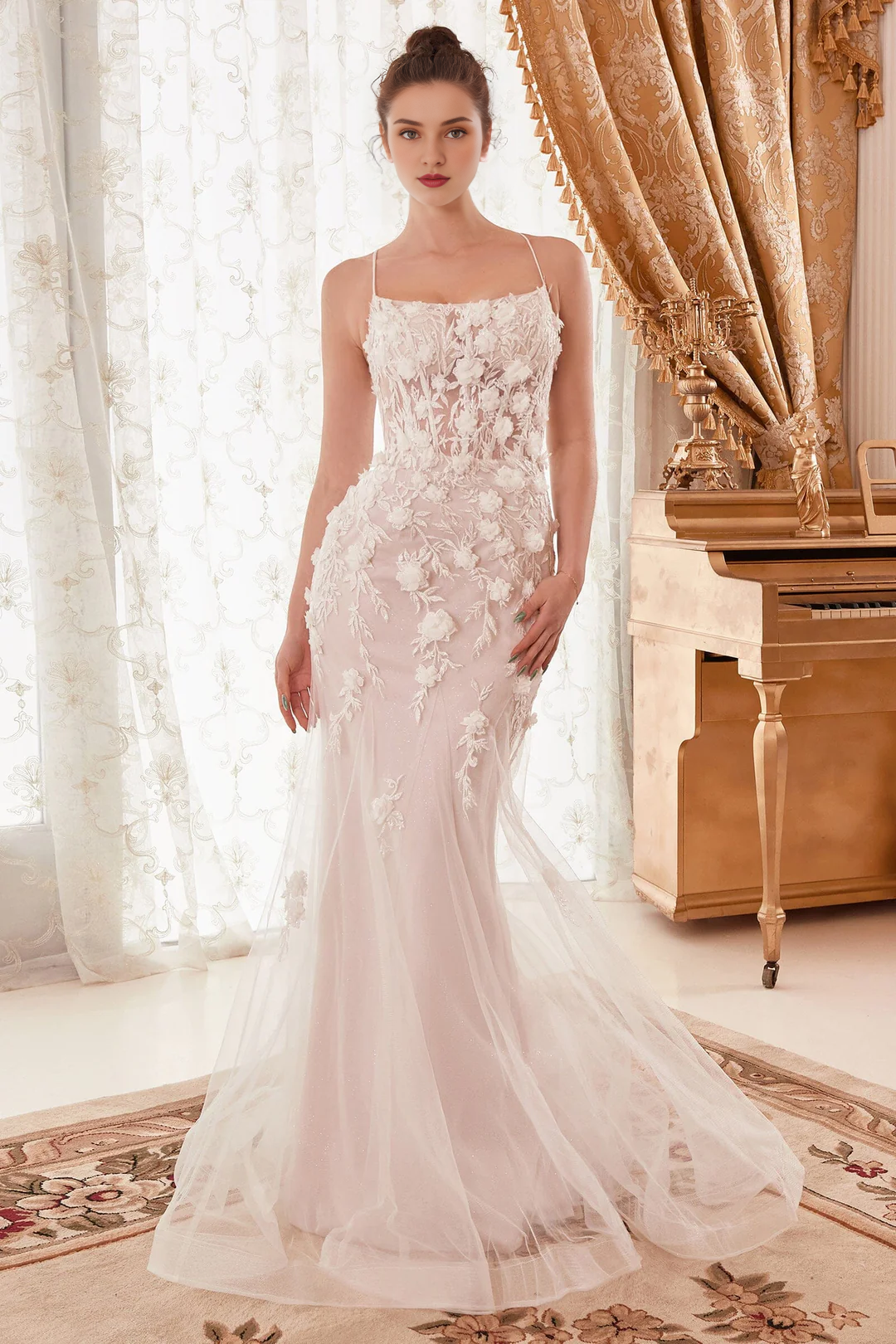 Abito da sposa lungo senza maniche con decalcomania floreale 3D